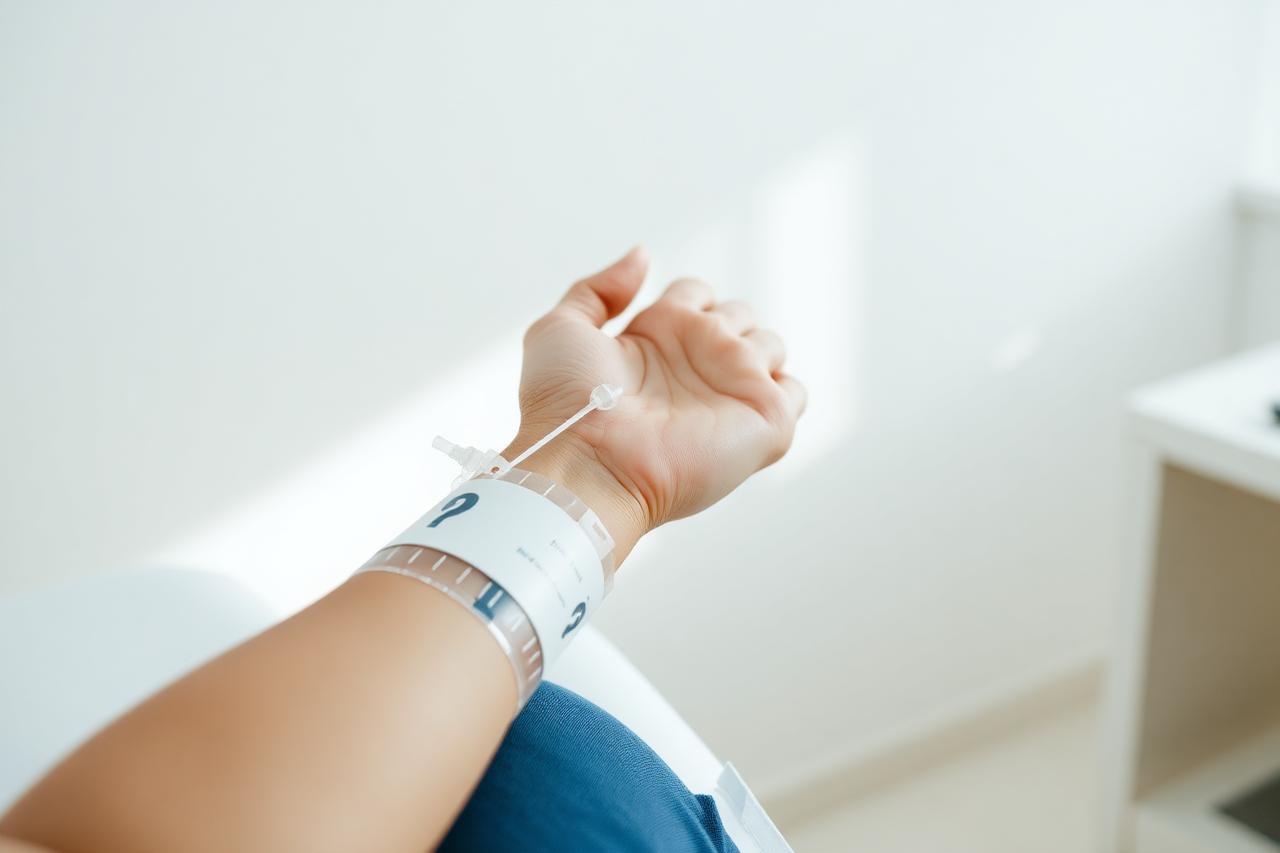 Patient receiving an intravenous infusion in a clinic