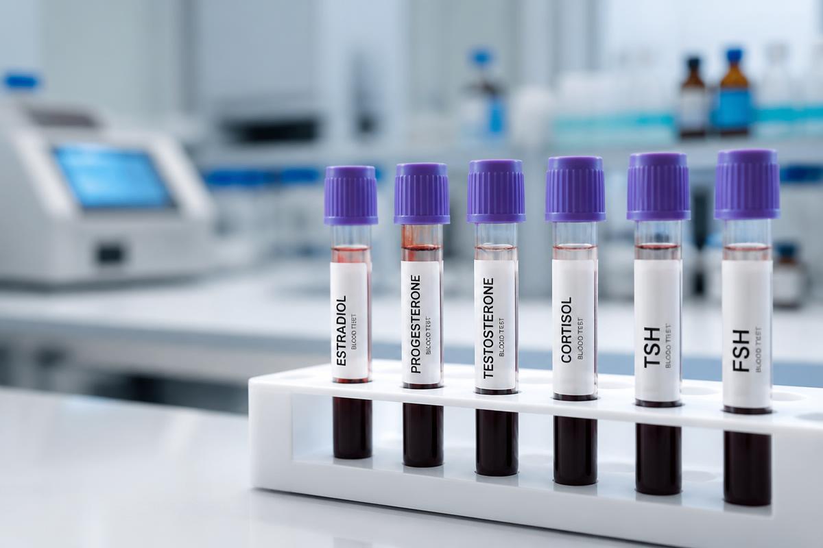 Hormone blood test vials in a medical laboratory at LINNA Clinic