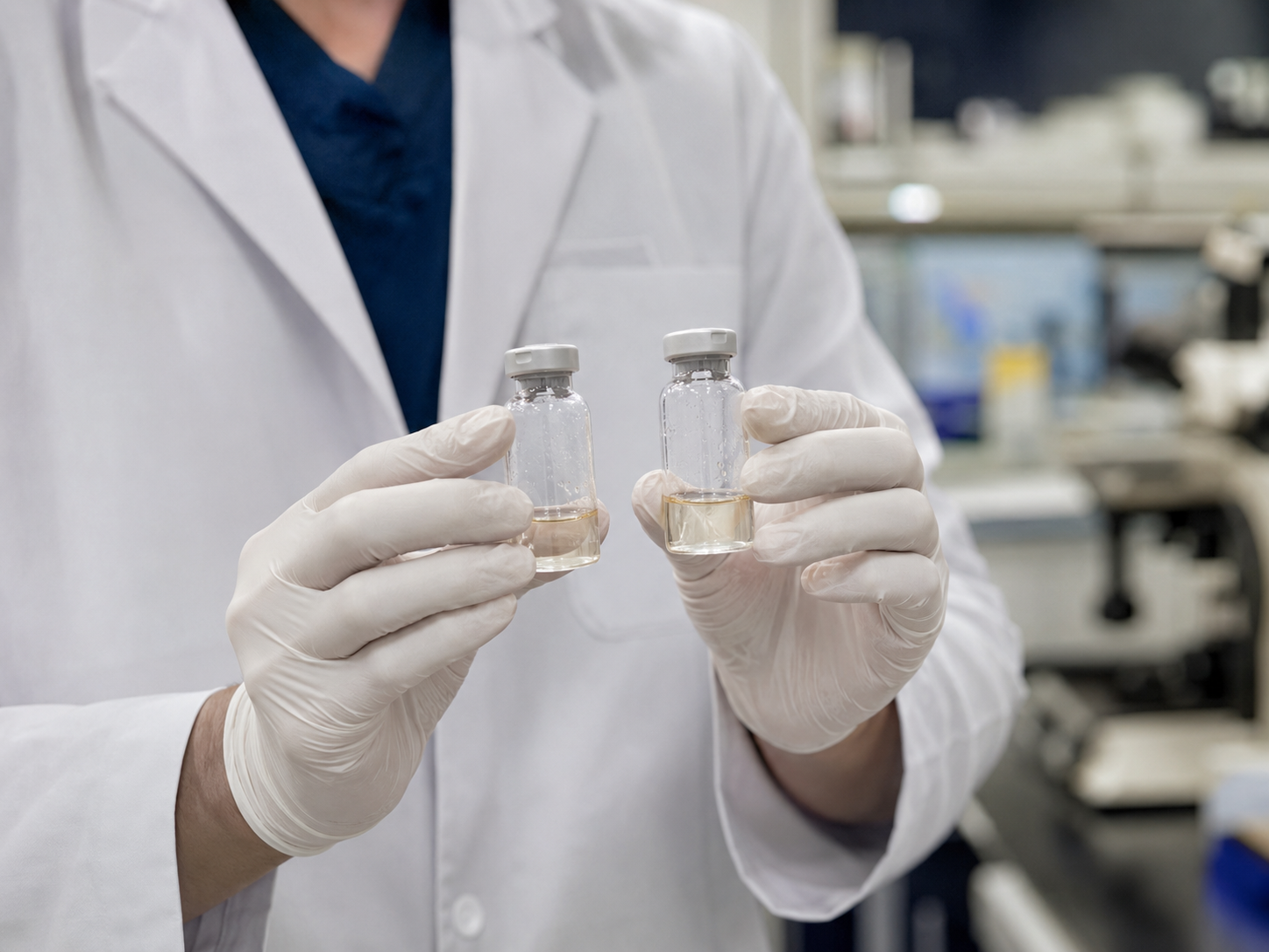 Scientist holding two stem cell vials in a laboratory