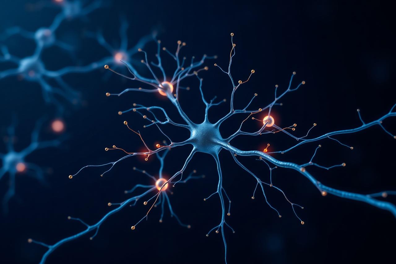 Render of a neuron network with glowing synapses