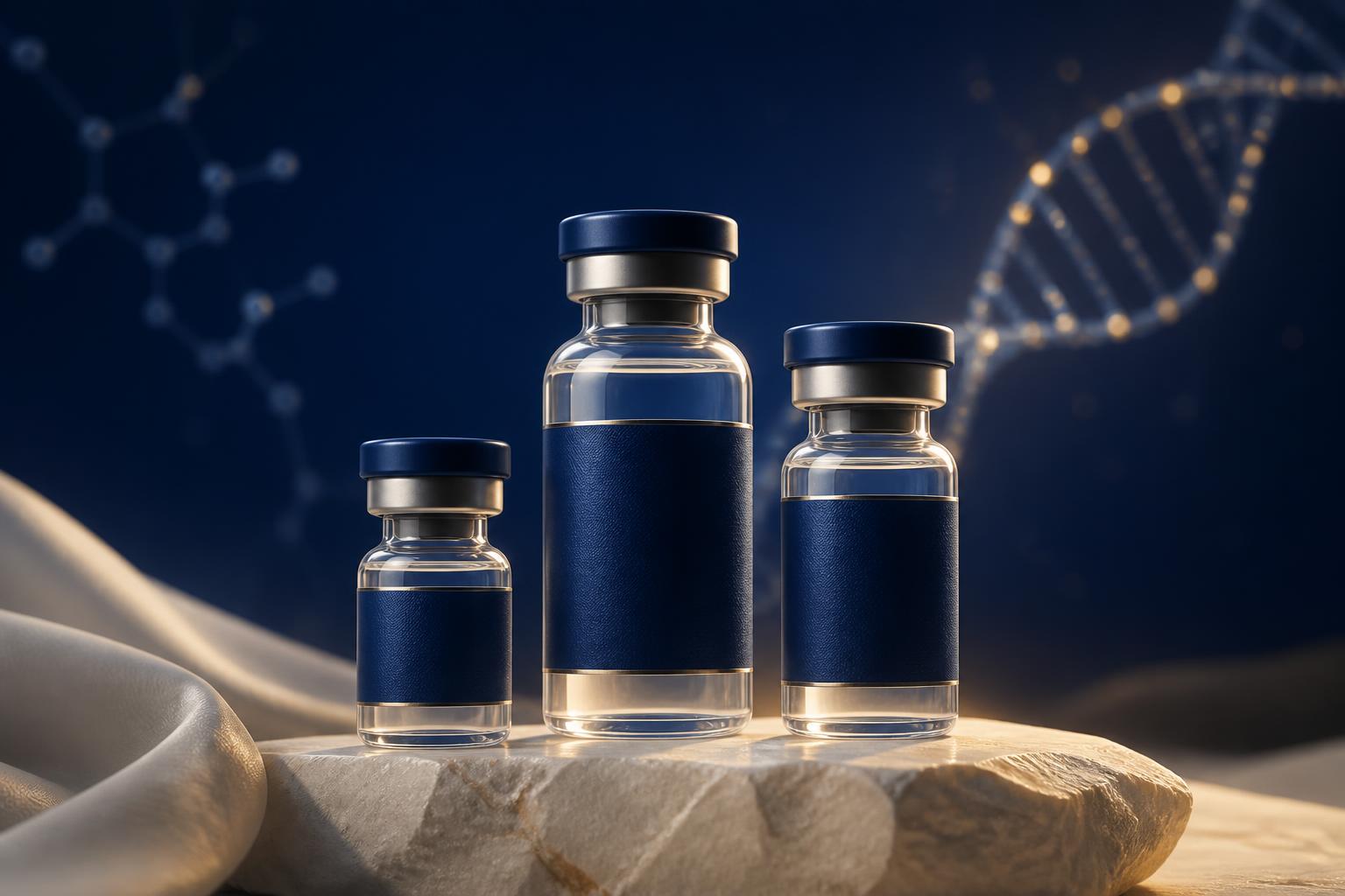 Clear glass peptide vials with navy caps and navy labels on a cream stone surface, representing LINNA Peptides
